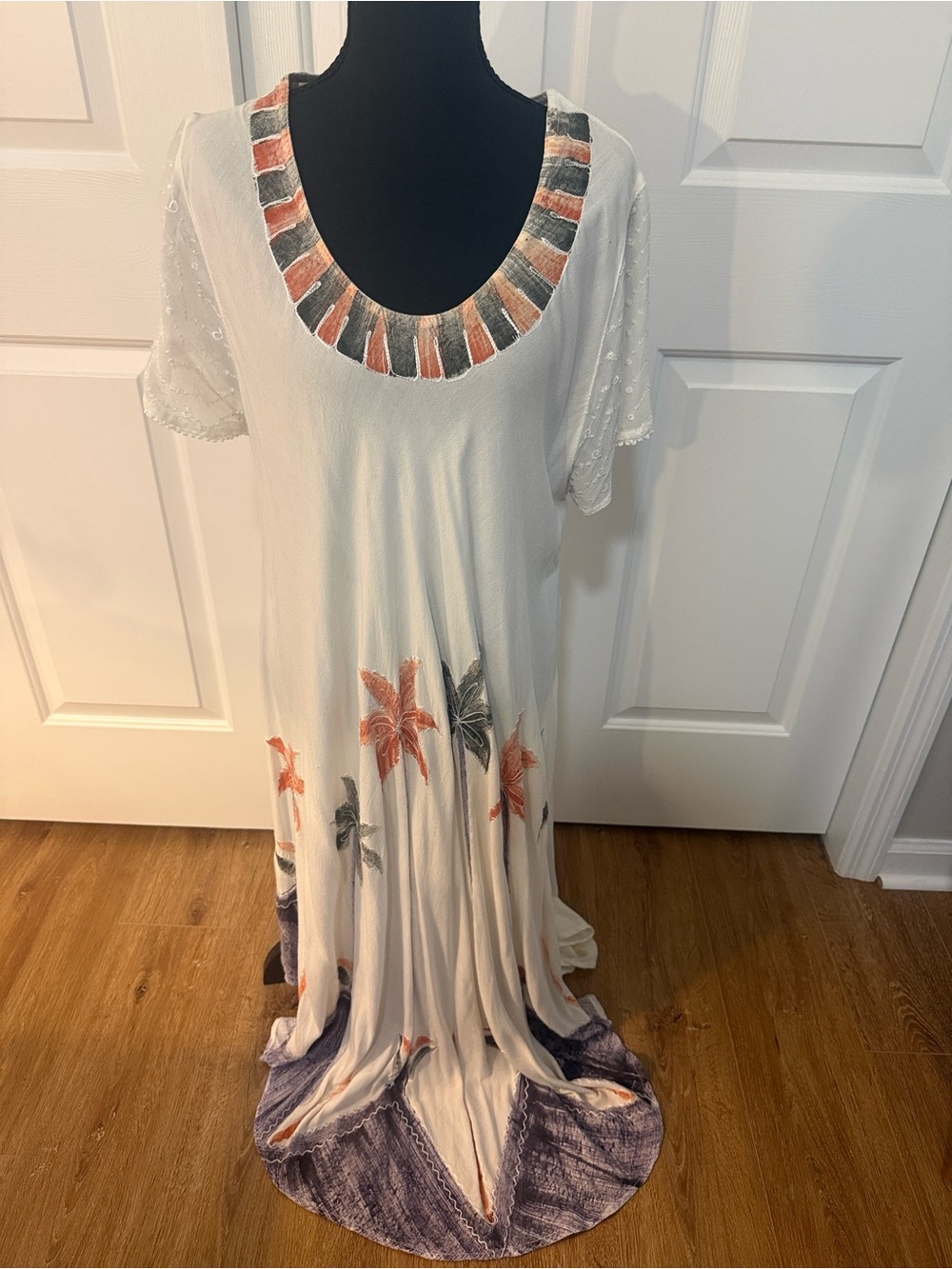 Sakkas White Maxi Dress Women’s Coral Blue  Palm Accents Beach Flowy Boho Cruise